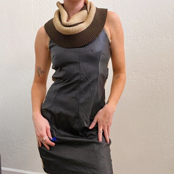 Y2K Dolce & Gabbana Knit Cowl Neck Sleeveless Leather Mini Dress - Picture 4 of 6